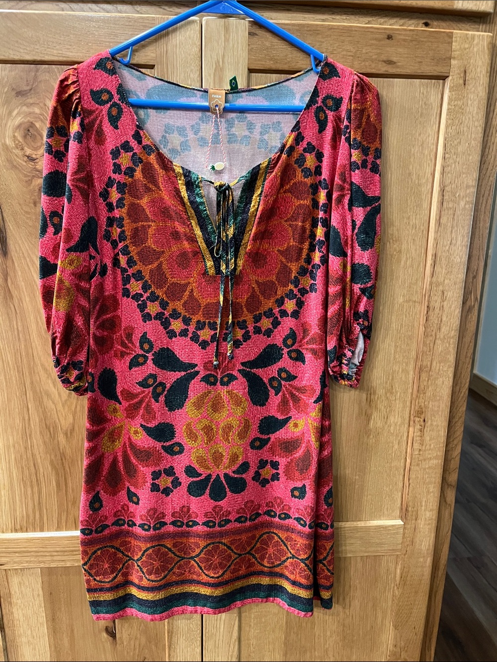 FARM Rio Pink, Orange & Black Floral-Pattern Midi Dress with Tie Neck